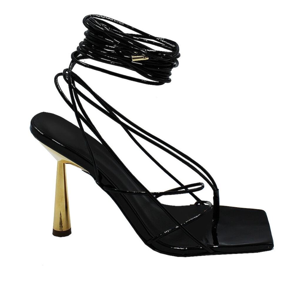 Gia Borghini Patent Black Rhw Short Lace Up Sandal Size 39 EU / US 9